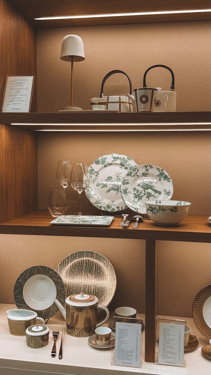 heros-img Elegant tableware with floral patterns displayed on wooden shelves in Bordeaux, France.